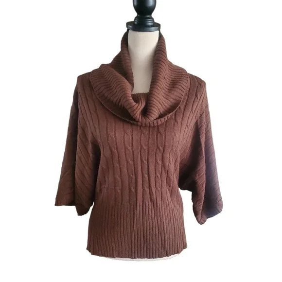 De Rotchild Woman Brown Cable Knit Cowl Neck Kimono Sleeve Pullover Sweater 2X - Picture 1 of 4
